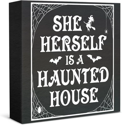 Gothic Halloween Decor She Herself Is a Haunted House Wooden M-Haunted