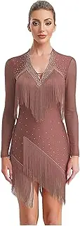 [TiaoBug] Women's Latin Dance Costume Shiny Rhinestone Fringe Dress Long Sleeve Tango Rumba Cha Cha Ballroom Prom Dress