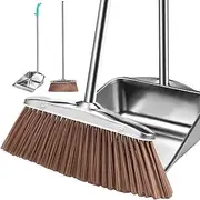 Broom and Dustpan Set Sweeper and Dustpan Set Stainless Steel Dustpan with Broom Heavy Duty Dustpan Broom Combo Set with Long Handle for Sweeping Indoor Outdoor Kitchen (Square)