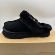 UGG Disquette Black Suede Fur Cuff Slide Platform Slipper Shoes Size 7 Women New