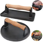 Burger Press Round Rectangle Cast Iron Smash Bacon Press Meat Steak Wood Handle