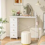 DAOUTIME White Vanity Desk Without Mirror for Bedroom, Makeup Desk with 4 Fabric Drawers, 36 Inches Vanity Desk with Storage, Vanity Desk with Iron Hook, White
