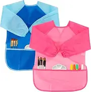 CUBACO 2 Pack Children Waterproof Artist Painting Aprons Kids Art Smocks with Long Sleeve and 3 Pockets for Age 3-8 Years