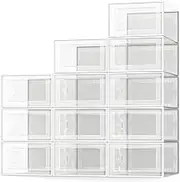 12 Pack Plastic Shoe Box Set, Portable Stacking Shoe Boxes, Clear Foldable Shoe Rack, Storage Organizers Front Open, Storage Container for Home and Office (33.5 * 23 * 14CM)