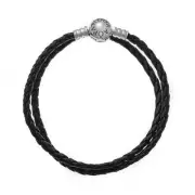 Pandora 590745CBK-D1 Double Black Leather Bracelet – Sterling Silver Clasp, 35cm
