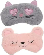 SOESFOUFU 2pcs Cartoon Plush Eye Masks Cute Shading Blindfolds for Sleep Adorable Bear & Heart Grey Cat Design Soft Eye Protective Patches for Relaxation
