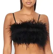 [ANLJED] Women Rave Festival Feather Crop Tops Faux Fur Spaghetti Straps Tube Top for Concert Club Party, Black, Large