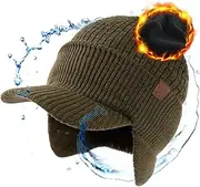 [TOP-EX] Waterproof Merino Wool Peaked Beanie Hat with Ear Flaps Winter Warm Fleece Lined Newsboy Baker Boy Hats for Cold Weather -Unisex Style 54-65CM