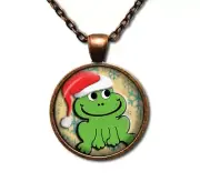 Whimsical Green Frog with Santa Hat - Handmade ROUND Glass Pendant Necklace