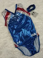 NWT NEW Under Armour GK Gymnastics Leotard Adult X-Small AXS USA Blue Red Stars