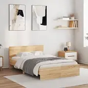 Sonoma Oak Bed Frame with LED, 135x190 cm - Queen, Wooden Platform Bedframe, Wood Headboard, Slat Base, Mattress Frames, Storage, Cama Beds de