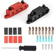 Power Distribution Block Battery Bus Bar 4 Post 3/8'' M10 Terminal Stud Junction Block with Cover and Ring Terminals DC48V 250 Amp for Marine RV Boat Automotive (3/8'', Red+Black)…