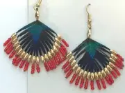 Peacock Feather Gold and Red Beaded Earrings