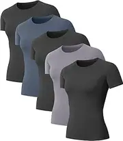 [NebuKinex] 5-Pack Women's Compression Shirts Short Sleeve Workout Tops Athletic Baselayer Quick Dry Gym Yoga Running T-Shirt