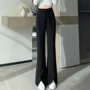High Waist Plain Slit Flared Dress Pants Black - S