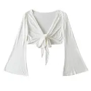 Bell-Sleeve Tie-Front Crop Top White - One Size