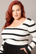 Black Stripe Knit Top Long Sleeve Scoop Neck