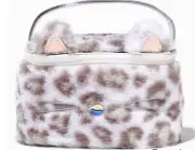 Claire’s Club Furry Snow Leopard Makeup Bag Cosmetic Case New