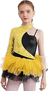 [Sinleey] Kids Girls Shiny Sequin Dance Dress Long Sleeve Ballet Tutu Skirted Leotard Sparkly Jazz Latin Party Dancewear