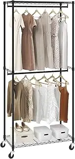 VEVOR Heavy Duty Clothes Rack, Double Hanging Rods Clothing Garment Rack with Bottom and Top Storage Tier, Rolling Clothing Rack for Hanging Clothes, 1'' Diameter Thicken Steel Tube Hold Up to 300Lbs