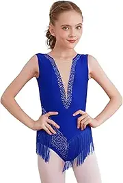 [Linjinx] Kids Girls Shiny Sleeveless Tassel Rhythmic Gymnastics Leotard Figure Skating Jumpsuit Ballroom Dancewear