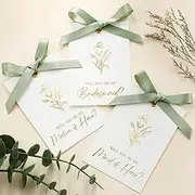 Humyoun 11 Pcs Bridesmaid Proposal Card with Ribbon Bow Floral Metallic Bridal Gift 8 Will You Be My Bridesmaid 2 Maid of Honor 1 Matron of Honor Invitation for Wedding Bridal Shower (Sage Green Bow)