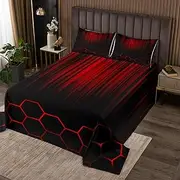 Feelyou Abstract Ombre Bedspread Queen Size Kids Red and Black Honeycomb Quilted Coverlet for Boys Girls Teens Hexagon Coverlet Set Geometric Striped Quilted Room Decor Quilt Set