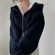 Plain Crop Zip-Up Hoodie Grayish Blue - One Size