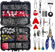 AIMALL 264-Piece Fishing Tackle Set with Hooks, Bobbers, Split Rings, Lead Weights, Multi-Tool Plier, and Storage Box for Freshwater and Saltwater Fishing
