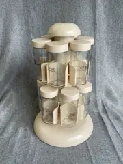 Vintage MCM Ivory Revolving Spice Rack w/ 12 Original Glass Bottles Labels