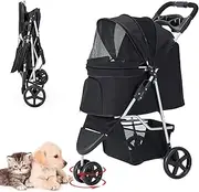 Pet Stroller Folding Portable Travel Cat Dog Stroller with Large Storage Basket and Cup Holder 3 Wheels Cat Dog Cage Stroller for Cats/Dogs
