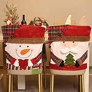 2 Pack Christmas Chair Back Covers with Hat Xmas Dining Chair Seat Covers with Printing Santa Claus and Snowman Christmas Back Chair Protector Slipcovers for Home Dining Holiday Party Decor 54 x 48cm