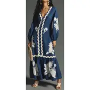 Farm Rio Embroidered Long Sleeve Linen Blue White Applique Maxi Dress Small NWT