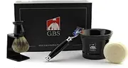 GBS Fusion Compatible Razor Shaving Set Gift Box - 5 Blade Razor, Ceramic Mug, Natural Soap, Pure Badger Brush + Stand - Old Fashioned Wet Shaving Experience (Black)