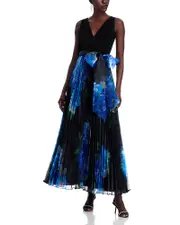 Eliza J Mixed Media V Neck Sleeveless Pleated Gown