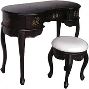 American Retro Style Vanity Desk, Makeup Vanity Set with Stool and Flip Mirror, Hand Drawn Patterns Dressing Table for Bedroom