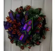 Halloween House with Lights Wreath Front Door Wreath Deco Mesh