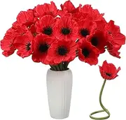 Censen 42 Pcs Artificial Poppy Flowers Bulk PU Silk Poppy Flowers 11 Inch Poppy Anemone Stems Artificial Flowers Table Centerpiece Decor for Home Party Wedding Memorial Day Supplies(Red)