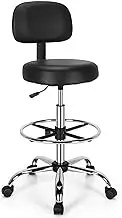 Giantex Ergonomic Drafting Chair 150 kg w/Backrest, Faux Leather Upholstered Rolling Stool w/Retractable Mid Back & Adjustable Foot Ring, Height Adjustable Swivel Task Chair for Home Office