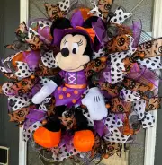 Plush Minnie Mouse Witch Halloween Front Door Deco Mesh Wreath Decor Decoration