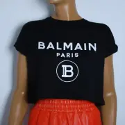 Balmain Women Black T-Shirt Fabric Logo Print Short Sleeves Oversized Top Sz XS