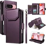 [Asuwish] Mobile Phone Case for Google Pixel 9/9 Pro 5G Case with Film, Screen Protector and Card Slot, Foldable Leather Wallet, Stand, Pixel9 9Pro, Zip, Mobile Phone Case, Dark Purple