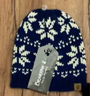 LADIES BEAR PAW BEANIE HAT WITH SNOWFLAKES - BLUE AND WHITE CREAM COLORS - NWT