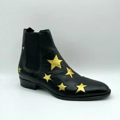 Saint Laurent Wyatt Men's Black Leather Gold Star Zip Up Ankle Boot 579404 1087