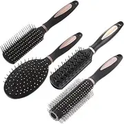 Pack of 4 Anti-Static Hair Tools for Women, Men & Kids: Oval Comb, Round Vent Brush, Detangling Paddle Brush for Wet/Dry Hair Massage & Shine, QXDAI-10