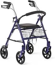 Medline Steel Rollator Walker with Seat, Blue, 300 lb. Weight Capacity, 8” Wheels, Foldable, Adjustable Handles, For Seniors, For Mobility Impairment