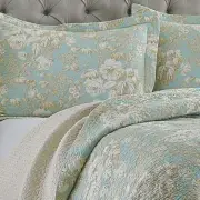 NEW! ~ COZY SHABBY CHIC BLUE AQUA GREEN TAUPE BROWN WHITE LEAF SOFT QUILT SET