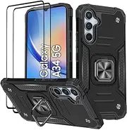 [KANSi] Case for Samsung Galaxy A34 / A34 5G, Protective Film [Pack of 2] Silicone TPU Hard PC Mobile Phone Cases 360 Degree Rotating Ring Holder Bumper Shock Absorption Protective Case - Black