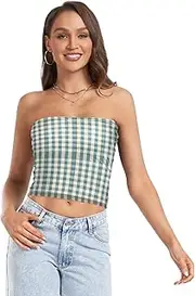 [RPLIFE] Greens Whites Gingham Checkerboard Cropped Tube Top, Strapless Tops for Women Summer, Mesh Tube Tops, Sexy Tube Tops (S)