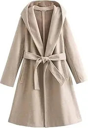 [Maiyifu-GJ] Womens Wool Blend Hooded Coats Long Sleeve Belted Trench Coat Casual Open Front Cardigan Jackets Overcoat
